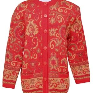J. TIKTINER Cardigan Sweater Knit Red Paisley 3/4 Sleeve Buttons Crew Neck Sz L